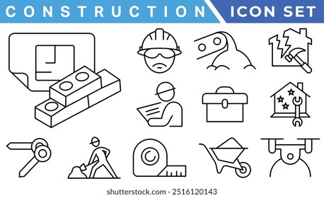 construção linha simples isolada coleção de ícones. Traço editável. Reparação, Renovação, Ferramentas De Trabalho, Materiais