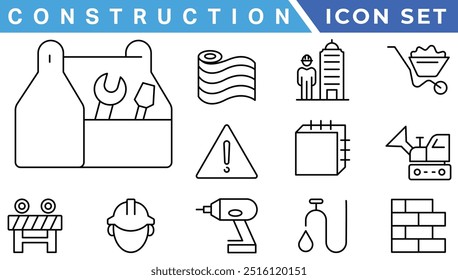 construction simple line isolated icon collection. Editable Stroke. Repair, Renovation, Work Tools, Materials