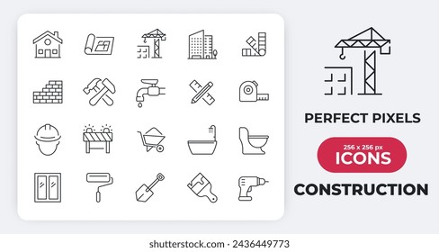 Iconos de línea delgada simple de la construcción. Constructor relacionado, renovación, ingeniería, arquitecto. Ilustración vectorial.