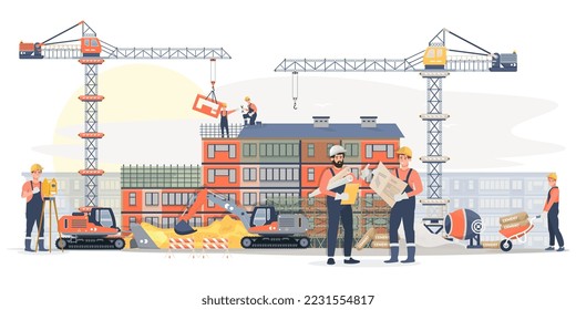 Construction site with architects and builders, surveyors. Workers building a house in the city. Heavy machinery, excavators, cranes. Industrial landscape. Profession set. Flat vector illustration.