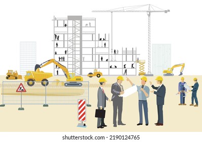 Construction site with architects, construction machines and heavy trucks, illustration