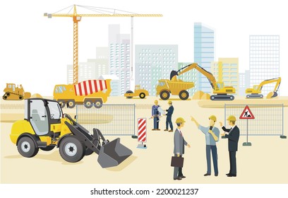 Construction site with architects, construction machines and heavy trucks, illustration