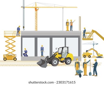 Construction site with architects, construction machines and heavy trucks, illustration