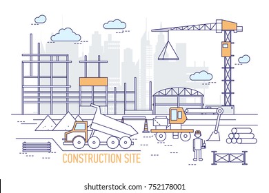 Construction site or area with constructed building, crane, excavator, dump truck, engineer wearing hard hat against silhouettes of skyscrapers on background. Vector illustration in line art style.