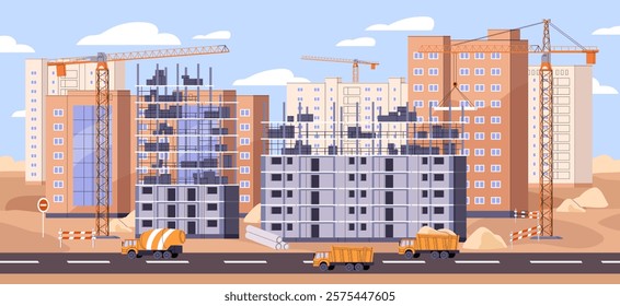 Construction site area with cranes, trucks. Process of building high rise house, multistory real estate, multi storey residential apartments. Incomplete new block of flats. Flat vector illustration