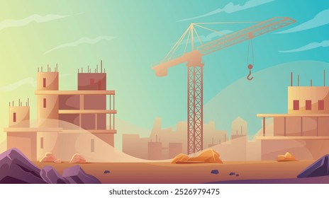Construction site background. Sand unfinished houses, without people construction crane. Vector illustration wallpaper.
