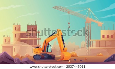 Construction site background. Unfinished building excavator and construction crane. Vector illustration in cartoon style.