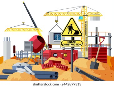 Construction Site Banner. Concrete Mixer, Shovel, Tower Crane and Bricks in Pile of Sand. Under Construction Design Background. Building Materials and Equipment. Cartoon Flat Vector Illustration