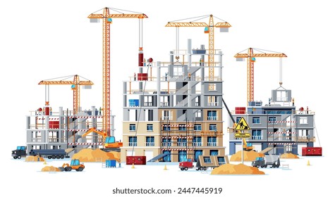 Construction Site Banner Isolated. Truck car, Workers, Concrete Piles, Tower Crane. Under Construction Design Background. Building Materials and Equipment. Cartoon Flat Vector Illustration