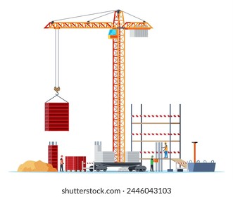 Banner auf der Baustelle. Sand, Ziegel, Arbeiter, Betonpfähle, Turmkran. Hintergrund für die Baukonstruktion. Baumaterialien und -ausrüstung. Cartoon-Flat-Vektorillustration