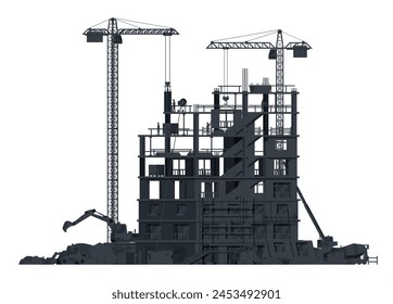 Construction Site Banner Silhouette Isolated. Truck car, Workers, Concrete Piles, Tower Crane. Under Construction Design Background. Building Materials and Equipment. Cartoon Flat Vector Illustration