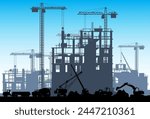 Construction Site Banner Silhouette Landscape. Truck car, Workers, Concrete Piles, Tower Crane. Under Construction Design Background. Building Materials and Equipment. Cartoon Flat Vector Illustration