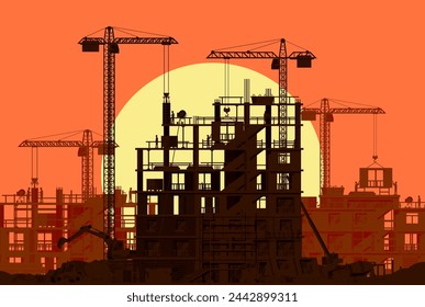 Construction Site Banner Silhouette Landscape. Truck car, Workers, Concrete Piles, Tower Crane. Under Construction Design Background. Building Materials and Equipment. Cartoon Flat Vector Illustration