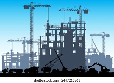 Construction Site Banner Silhouette Landscape. Truck car, Workers, Concrete Piles, Tower Crane. Under Construction Design Background. Building Materials and Equipment. Cartoon Flat Vector Illustration