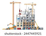 Construction Site Banner. Truck car, Workers, Concrete Piles, Tower Crane. Under Construction Design Background. Building Materials and Equipment. Cartoon Flat Vector Illustration