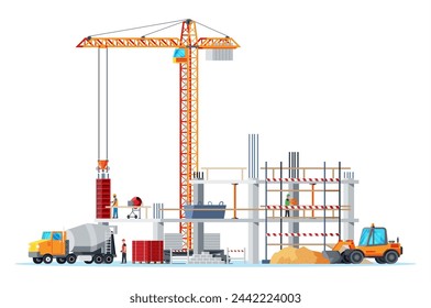 Banner del sitio de construcción. Camión, Trabajadores, Pilas de Hormigón, Grúa de Torre. Fondo de diseño en construcción. Materiales y equipos de construcción. Ilustración vectorial plana de dibujos animados