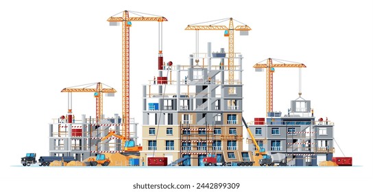 Banner der Baustelle. LKW, Arbeiter, Betonpfähle, Turmkran. Hintergrund für die Baukonstruktion. Baumaterialien und -ausrüstung. Cartoon flache Vektor-Illustration