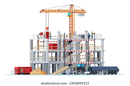 Construction Site Banner. Truck car, Workers, Concrete Piles, Tower Crane. Under Construction Design Background. Building Materials and Equipment. Cartoon Flat Vector Illustration