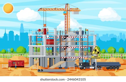 Construction Site Banner. Truck car, Workers, Concrete Piles, Tower Crane. Under Construction Design Background. Building Materials and Equipment. Cityscape, Skyline. Cartoon Flat Vector Illustration