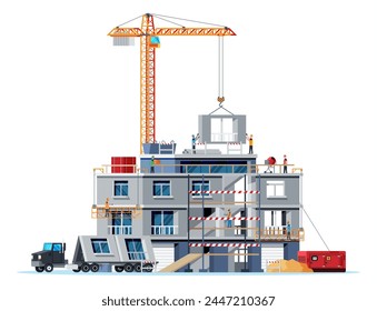 Banner auf der Baustelle. LKW, Arbeiter, Betonpfähle, Turmkran. Hintergrund für die Baukonstruktion. Baumaterialien und -ausrüstung. Cartoon-Flat-Vektorillustration