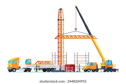 Anuncio en obra. Camión, Trabajadores, Pilas de Hormigón, Grúa de Torre. Fondo de diseño en construcción. Materiales y equipos de construcción. Ilustración vectorial plana de dibujos animados