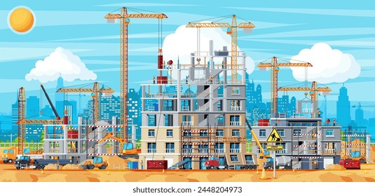 Construction Site Banner. Truck car, Workers, Concrete Piles, Tower Crane. Under Construction Design Background. Building Materials and Equipment. Cityscape, Skyline. Cartoon Flat Vector Illustration