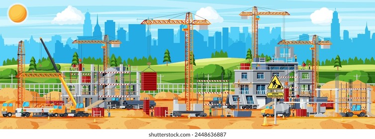 Construction Site Banner. Truck car, Workers, Concrete Piles, Tower Crane. Under Construction Design Background. Building Materials and Equipment. Cityscape, Skyline. Cartoon Flat Vector Illustration