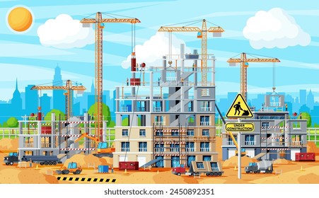 Construction Site Banner. Truck car, Workers, Concrete Piles, Tower Crane. Under Construction Design Background. Building Materials and Equipment. Cityscape, Skyline. Cartoon Flat Vector Illustration