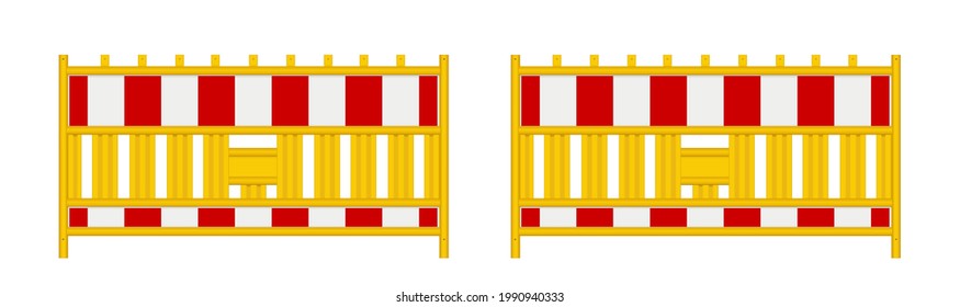Barrera de los lugares de construcción, barreras de pancarta fijadas en blanco-amarillo-rojo,
Ilustración del vector aislada en fondo blanco
