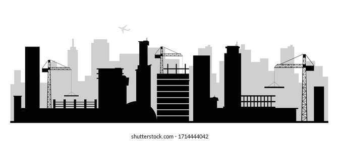 Construction site black silhouette vector illustration. Modern developing city monochrome landscape. Urban environment 2d cartoon shape with skyscrapers and lifting cranes. Building industry