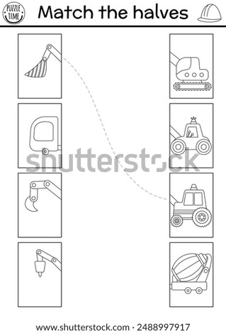 Construction site black and white connect the halves worksheet.  Building works matching game with bulldozer, concrete mixer, truck, tractor. Match back and front activity or coloring page

