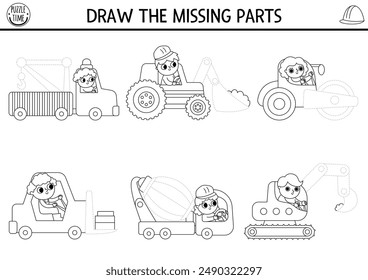 Construction site black and white drawing, writing, tracing activity for kids with car, truck and missing spare part. Building works printable activity. Repair service game, puzzle, coloring page