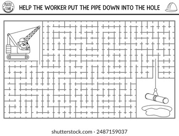 Construction site black and white geometrical maze for kids with road repairing worker, car. Building printable activity. Labyrinth game, puzzle or coloring page with crawler crane putting pipes
