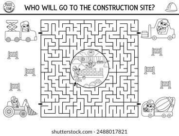 Construction site black and white geometrical maze for kids with industrial scene, builder, bulldozer. Building works preschool printable activity. Repair service labyrinth game, puzzle, coloring page