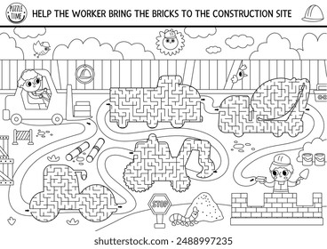 Construction site black and white geometrical mazes for kids with industrial landscape, labyrinths shaped as trucks. Building works printable activity. Repair service game, coloring page
