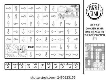 Laberinto lógico en blanco y negro para niños con mezclador de hormigón. Trabajos de construcción actividad imprimible preescolar. Laberinto juego, página para colorear o rompecabezas con izquierda, derecha, arriba, abajo concepto
