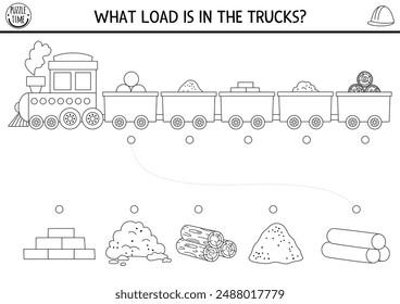 Construction site black and white matching activity with train, materials in cars. Building works puzzle, game, printable worksheet. Repair service match up coloring page with bricks, sand, wood, pipe