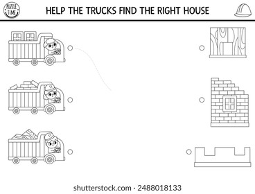 Construction site black and white matching activity with trucks, materials, houses. Building works puzzle. Match the objects game, printable worksheet. Repair service match up coloring page
