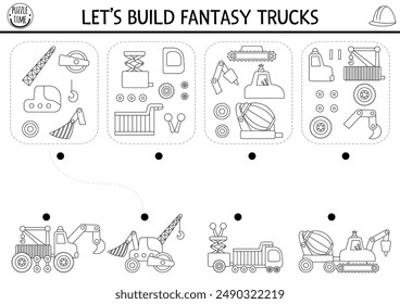 Construction site black and white matching, logical activity with fantasy special technics. Assemble truck from spare part puzzle. Match parts and whole object game, printable worksheet, coloring page