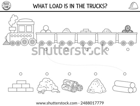 Construction site black and white matching activity with train, materials in cars. Building works puzzle, game, printable worksheet. Repair service match up coloring page with bricks, sand, wood, pipe