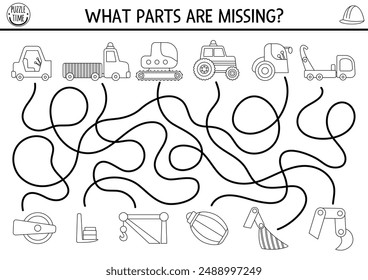 Construction site black and white maze for kids with special cars, trucks and missing spare parts. Building works printable activity. Repair service labyrinth game, puzzle, coloring page
