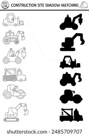 Actividad de emparejamiento de sombras en blanco y negro con transporte especial. Rompecabezas de línea de obras de construcción, página para colorear con excavadora, bulldozer. Buscar la hoja de cálculo imprimible de silueta correcta
