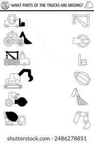 Construction site black and white shadow matching activity with truck, bulldozer, excavator and missing parts. Match silhouette game, printable worksheet. Repair service coloring page or puzzle 
