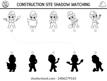 Construction site black and white shadow matching activity with workers. Building works puzzle or coloring page with builder. Find correct silhouette printable worksheet or game for kids
