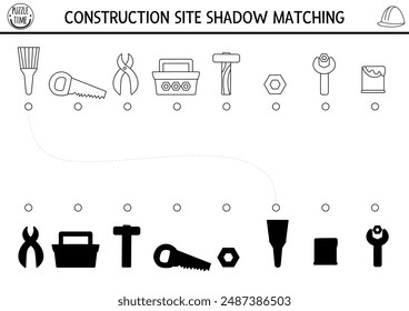 Construction site black and white shadow matching activity with tools and instruments. Building works puzzle or coloring page. Find correct silhouette printable worksheet or game for kids
