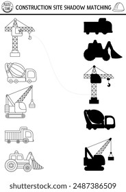 Construction site black and white shadow matching activity with special transport, vehicles. Building works line puzzle, coloring page. Find correct silhouette printable worksheet or game for kids
