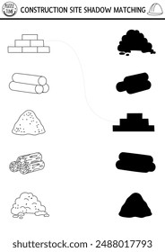 Construction site black and white shadow matching activity with different materials. Building works puzzle, coloring page with brick, wood, pipes. Find correct silhouette printable worksheet
