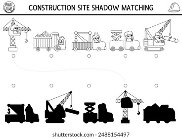 Construction site black and white shadow matching activity with special transport, vehicles. Building works puzzle or coloring page. Find correct silhouette printable worksheet or game for kids
