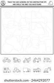Construction site black and white tracing, shape recognition activity with industrial vehicles. Building works line puzzle with dashed truck contours. Find and circle correct silhouette coloring page

