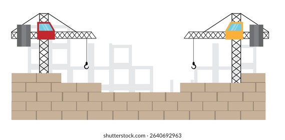 Construction Site with Brick Wall and Two Cranes Building a House. Industry and property build vector art